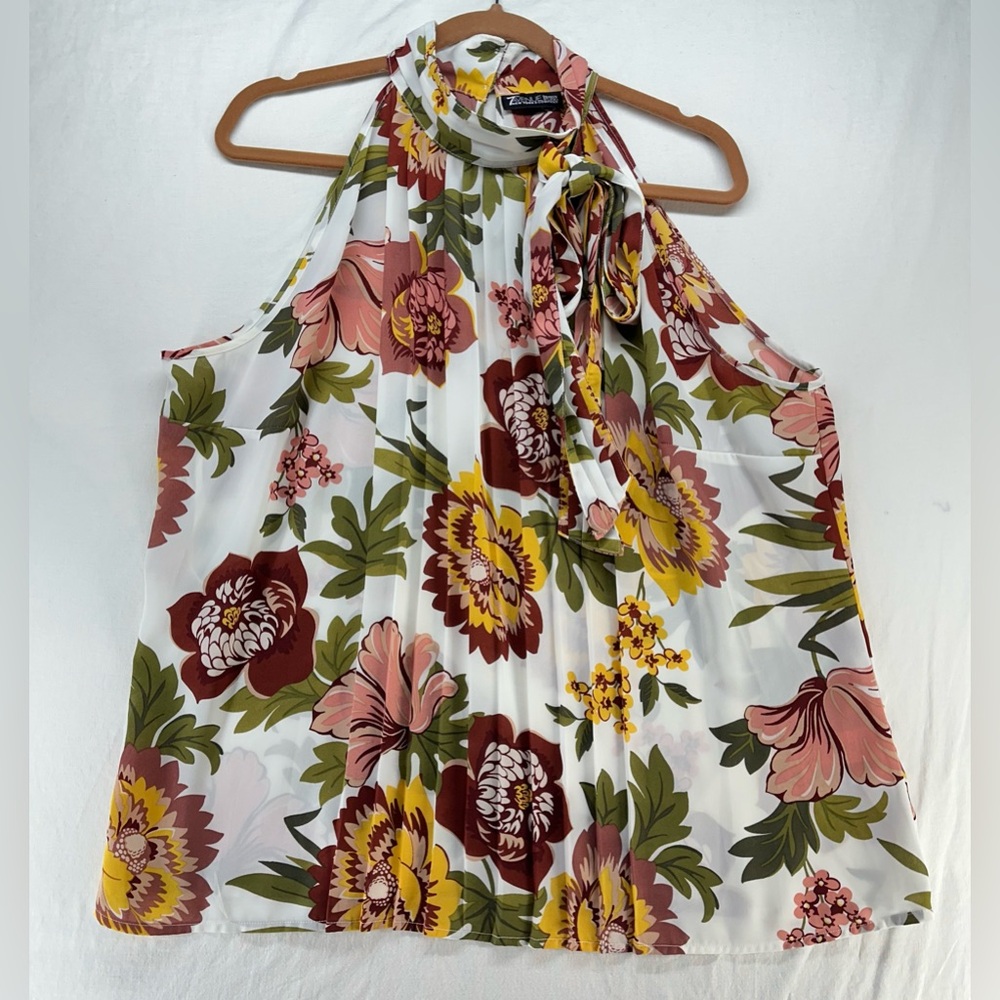 Floral High Neck Pleated Bow Sleeveless Tank Blouse Cottagecore Feminine XL